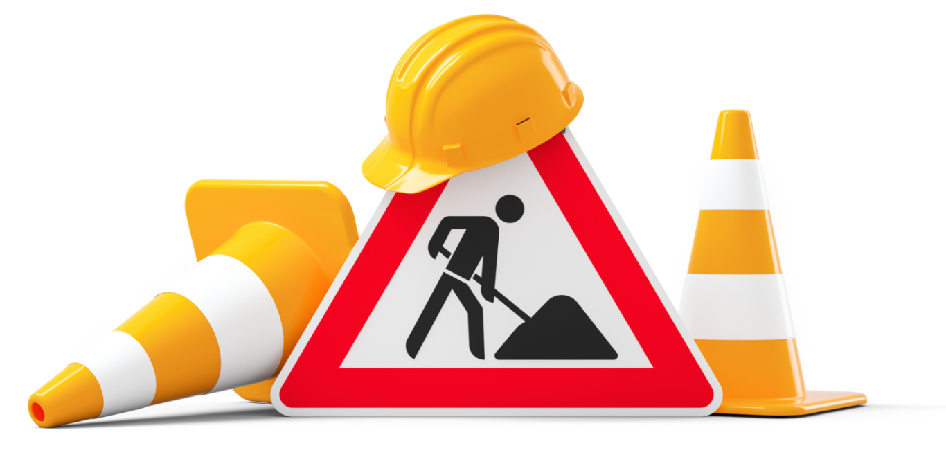 Baustellenzeichen mit Bauhelm und Verkehrshütchen in orange und weiß.